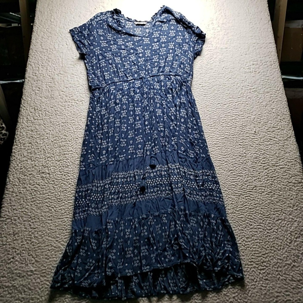 Sonoma Goods For Life Dress Womens 2X Blue Floral Short Sleeve Scoop Maxi Ruffle